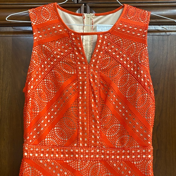 Ladies Size 2 Dark Orange Dress Long Maxi Tapered Length Lace Tan Under Bisou - Picture 2 of 13